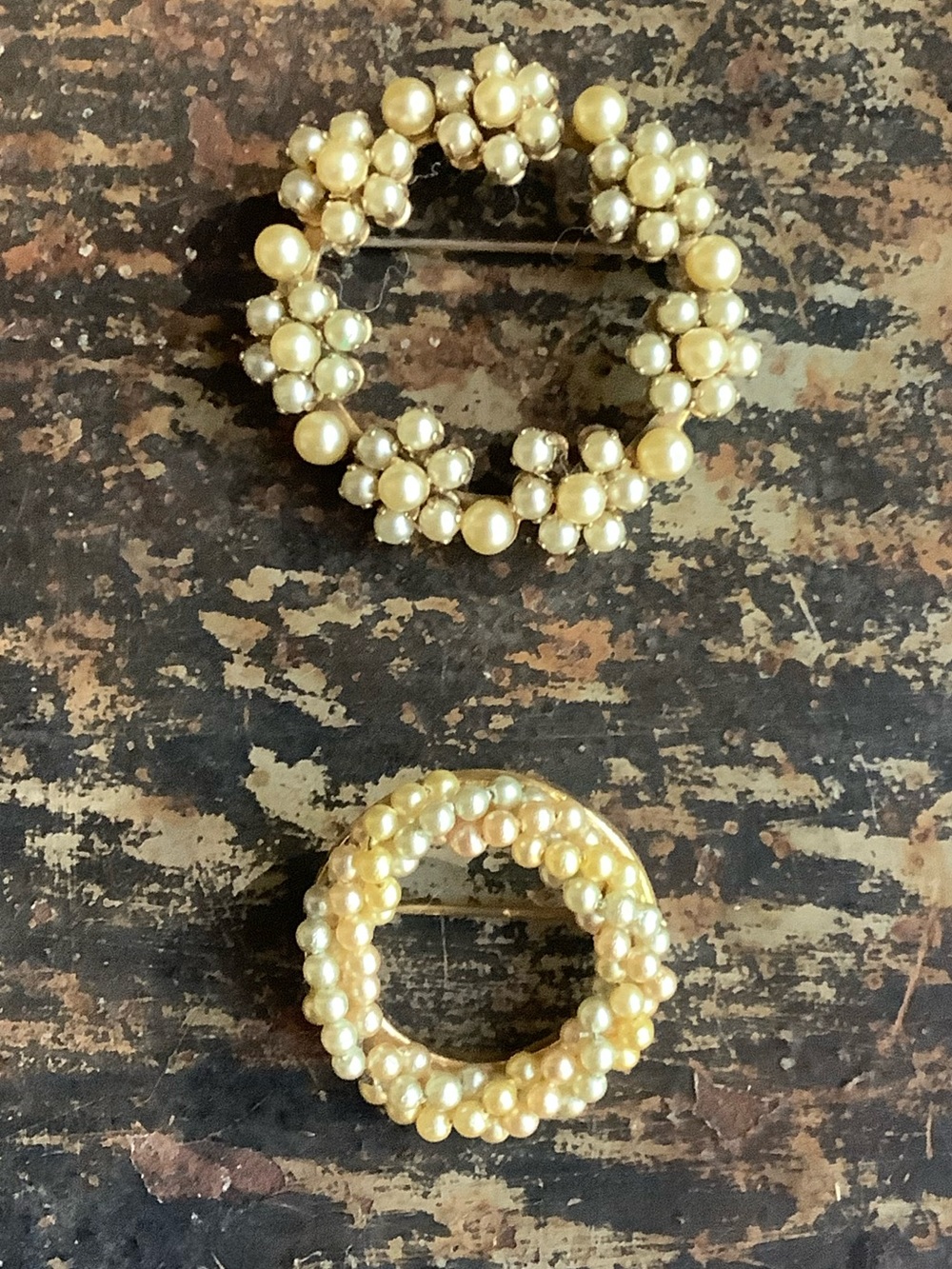 Vintage Lapel Circle Pins with Seed Pearls, Flower Pear Pin